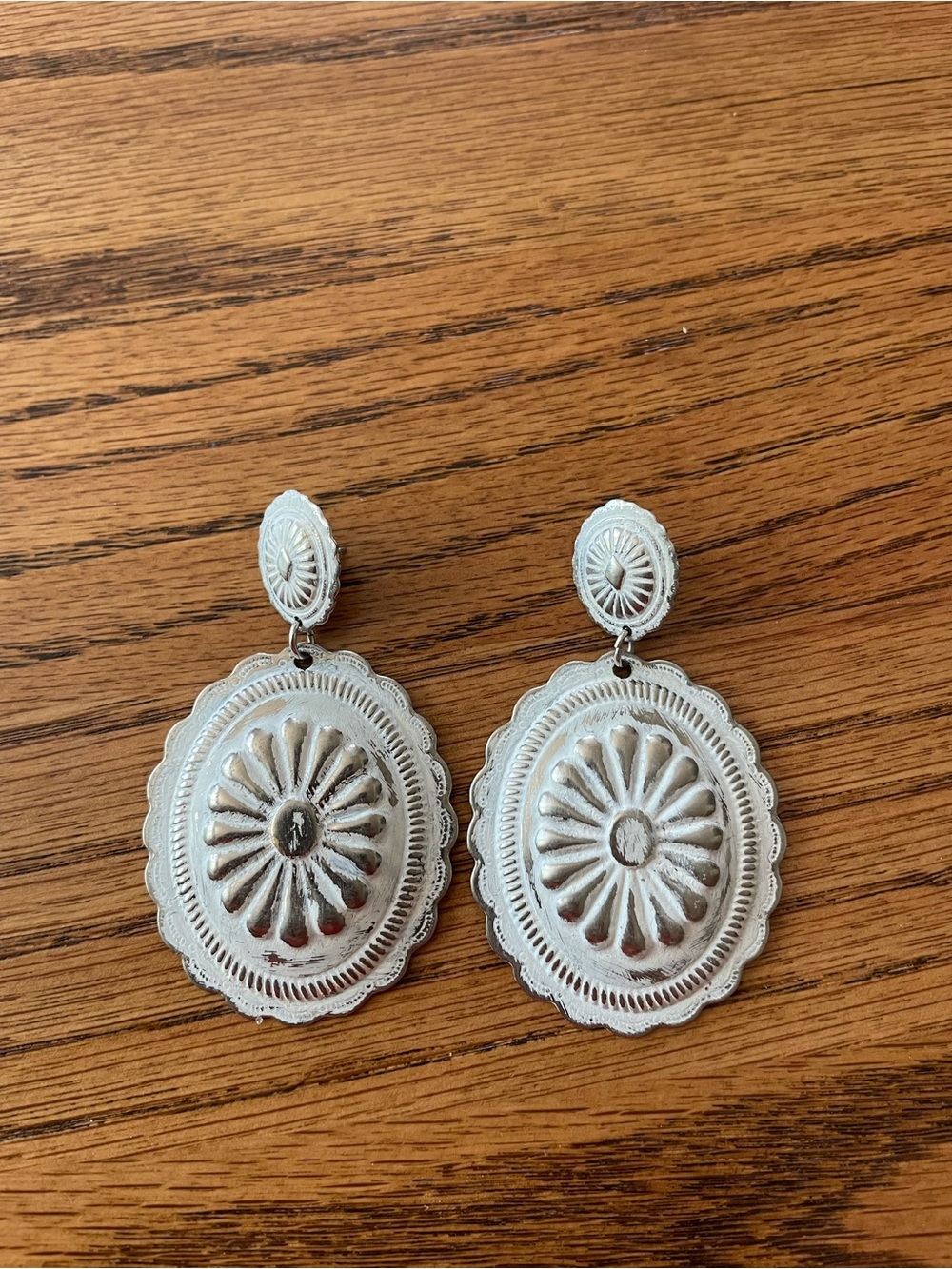 Silver Oval Concho Drop Earrings